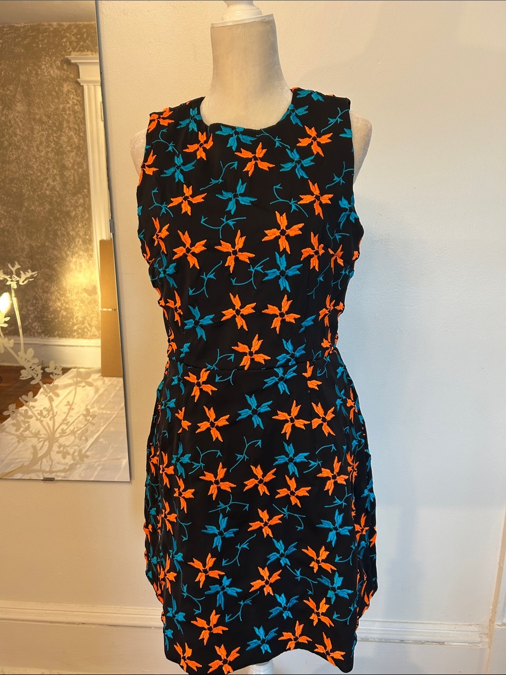 Tanya Taylor Black Sheath Dress with Orange & Teal Floral Print
